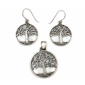 ATI Sterling Silver Tree of Life Jewelry Set Pendant Earrings 925 Mother Pearl